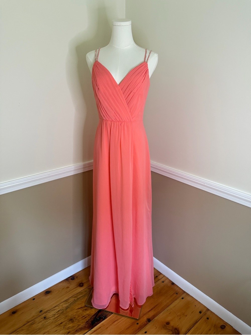 David's Bridal Coral Chiffon Evening Gown with Beaded Straps